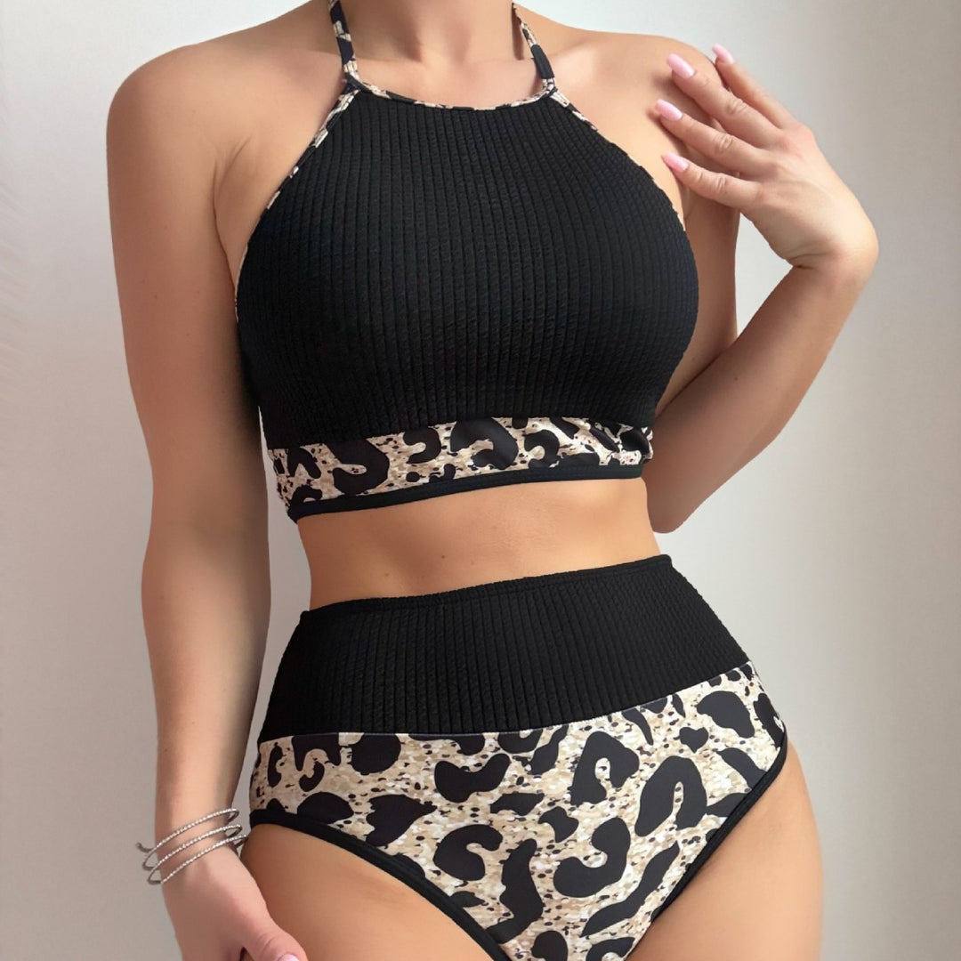 Damen Hochtailliertes Bikini-Set mit sportlichem Oberteil und animalischem Muster R&B