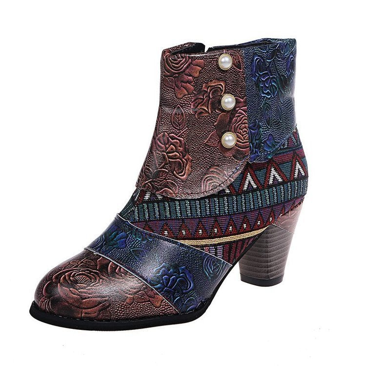 Damen Elegante Stiefeletten mit floralen Mustern und dekorativen Knöpfen R&B