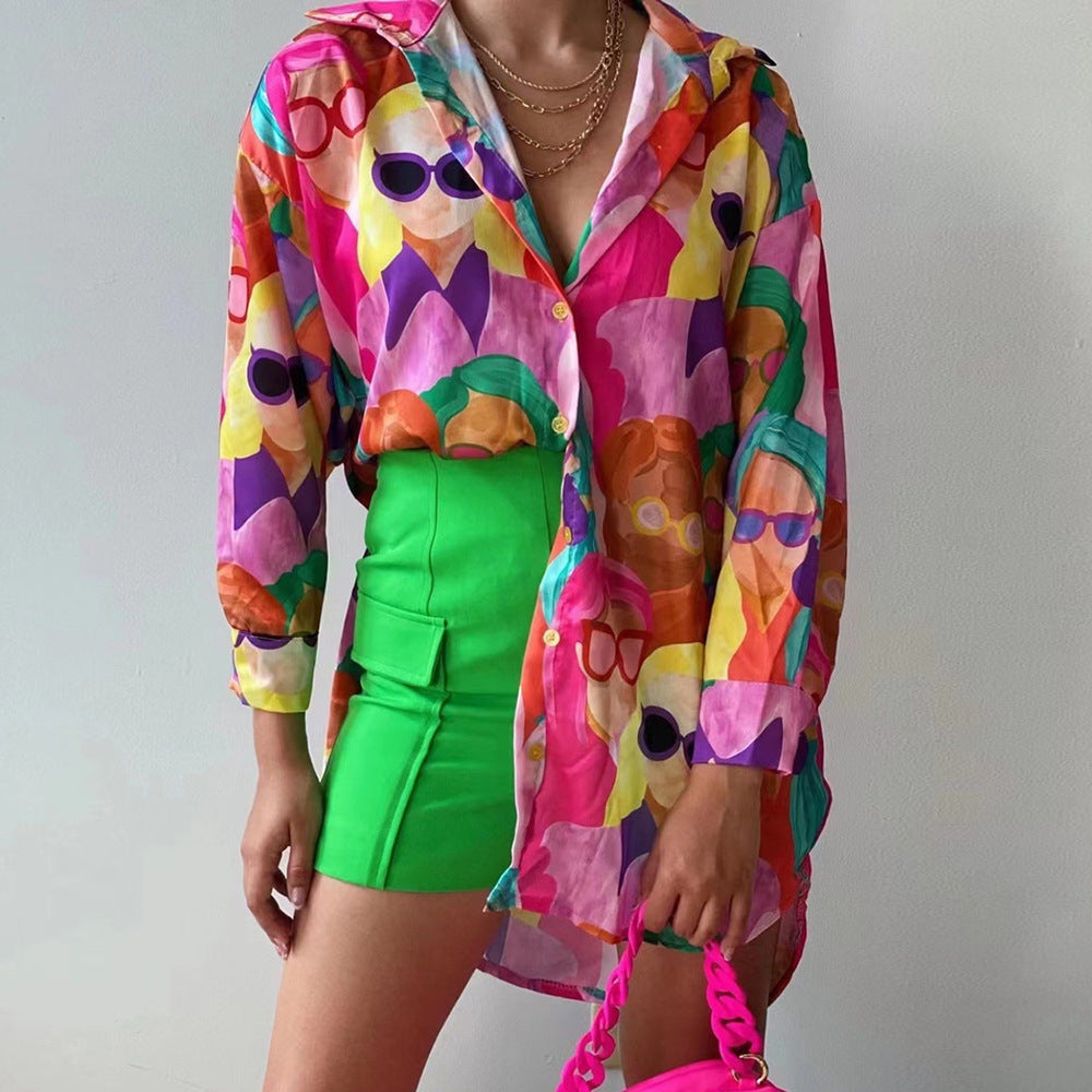 Damen Oversized Bluse mit buntem Grafikdruck R&B