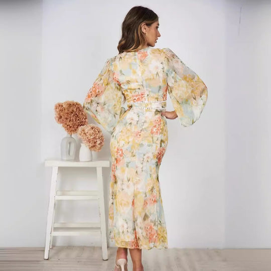Damen Maxikleid mit ballonärmel und floralem Muster R&B