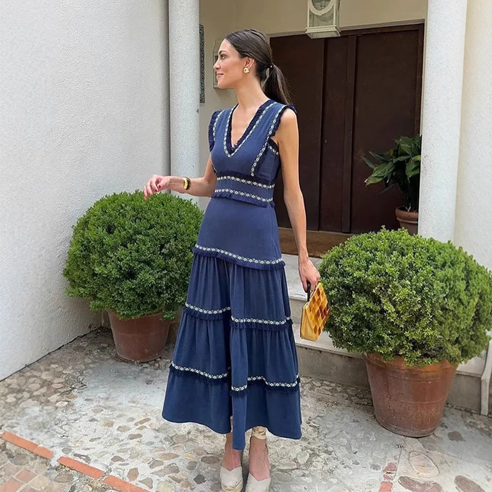 Damen Maxikleid mit elegantem V-Ausschnitt und Rüschendetails R&B