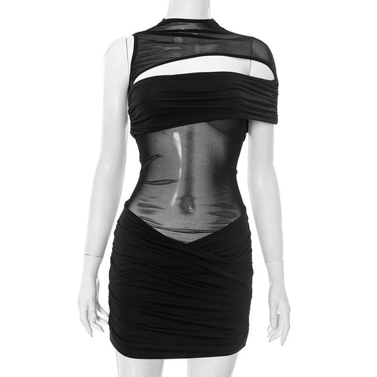 Damen figurbetontes Mesh-Kleid mit asymmetrischem Schnitt und Raffung R&B
