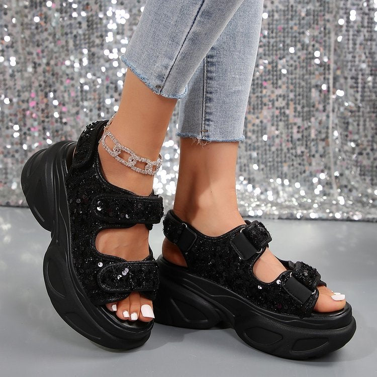 Damen Sneakersandalen mit komfortablem Klettverschluss und glitzernder Oberflächenstruktur R&B