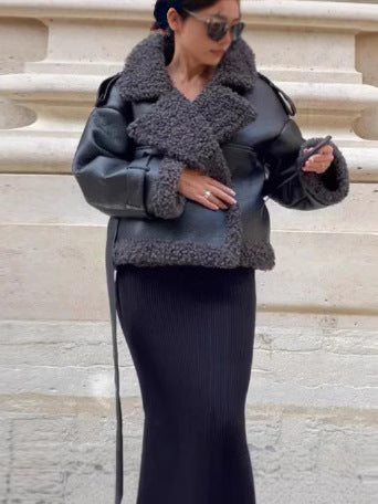 Damen Oversized Kunstlederjacke mit kuscheligem Futter R&B
