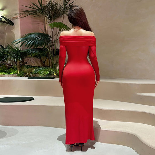 Damen Off-Shoulder Abendkleid mit drapiertem Stoff und transparenten Ärmeln R&B