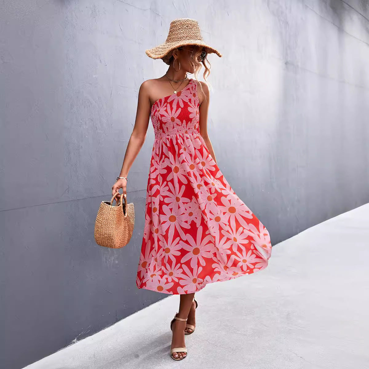 Damen Maxikleid mit asymmetrischem Trägerdesign und floralem Allover-Muster R&B