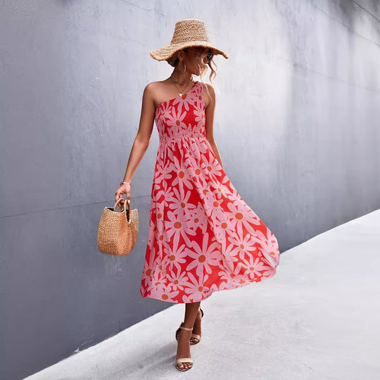 Damen Maxikleid mit asymmetrischem Trägerdesign und floralem Allover-Muster R&B