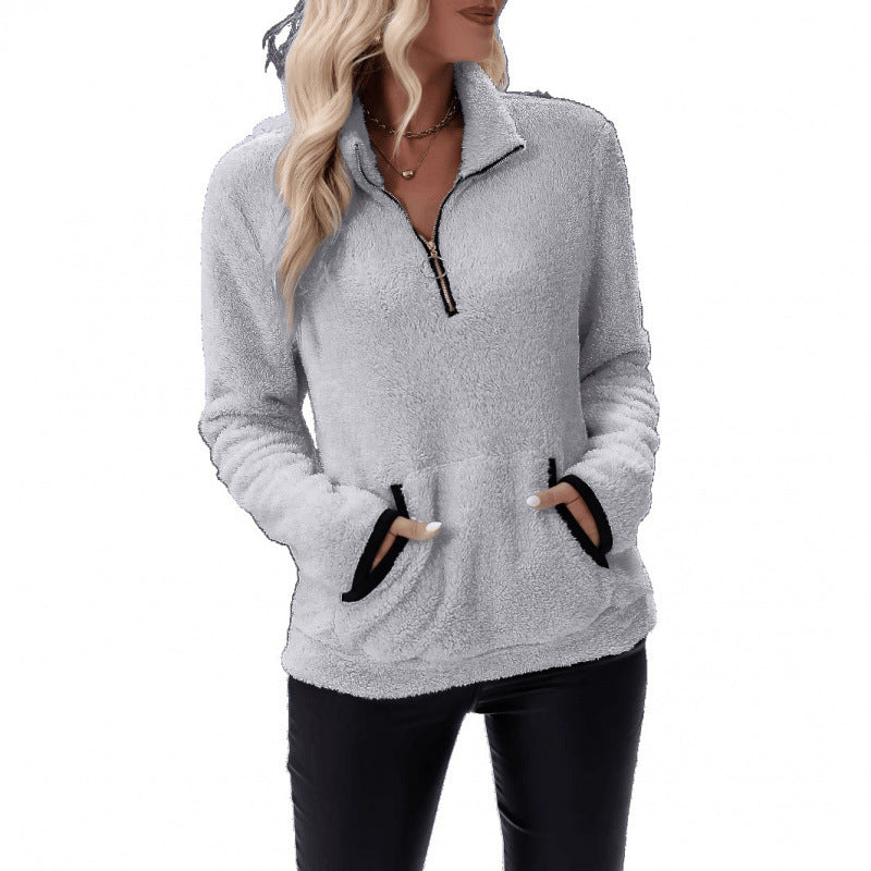 Damen Weicher Teddy-Pullover im lässigen Look mit halben Reißverschluss R&B