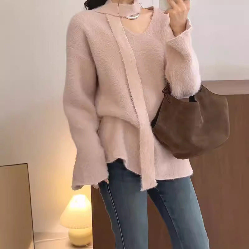 Damen Grobstrickpullover mit tiefem V-Ausschnitt und schicker Banddetails R&B
