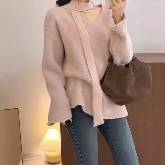 Damen Grobstrickpullover mit tiefem V-Ausschnitt und schicker Banddetails R&B