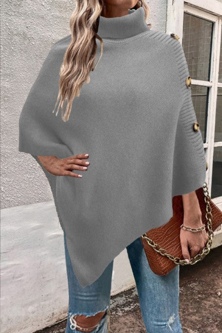 Damen Strick-Poncho mit hohem Kragen und Knopfdetails R&B
