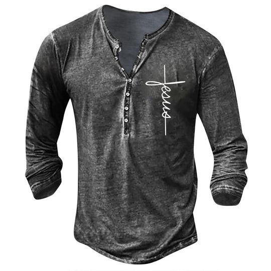Herren Langarm Henley-Shirt mit kreativem Grafikdruck R&B