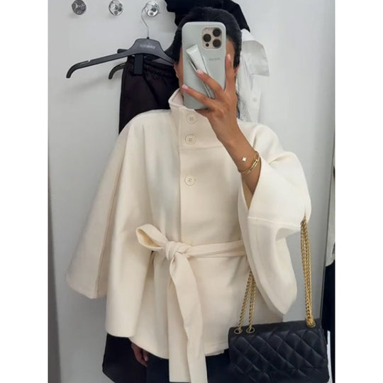 Damen elegante Cape-Jacke mit Knoten-Detail und voluminösen Ärmeln R&B