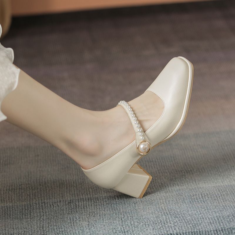 Damen Mary Jane Pumps mit elegantem Perlenschmuck und Blockabsatz R&B