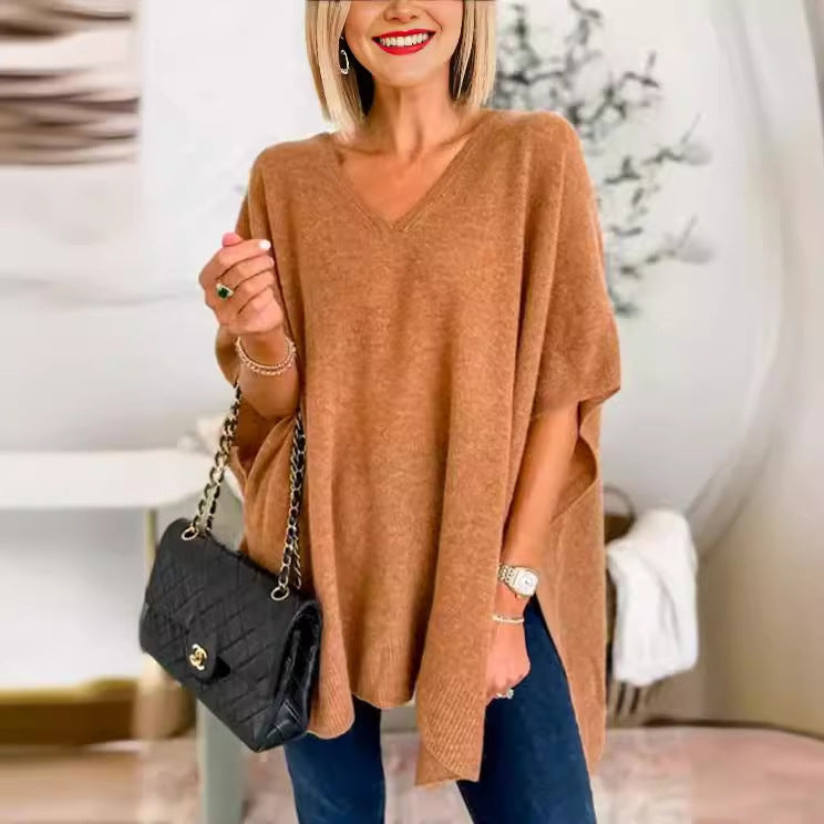 Damen V-Pullover aus feinem Strick mit weit geschnittenen Ärmeln und lässigem Stil R&B
