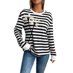 Damen nan gestreiftes Ripp-Langarmshirt mit dreidimensionaler Blumenapplikation und Rundhals R&B