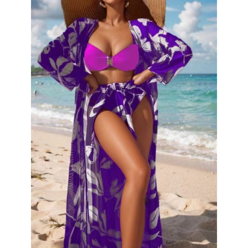 Damen Bikini-Set mit floralem Überrock und stilvollem Bandeau-Oberteil R&B