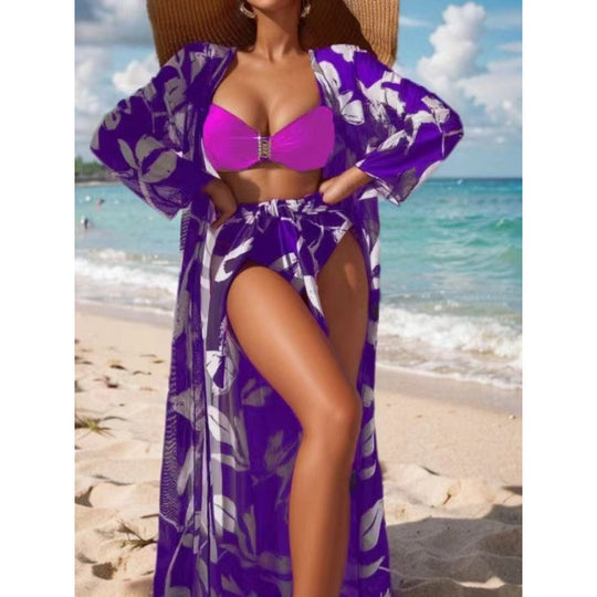 Damen Bikini-Set mit floralem Überrock und stilvollem Bandeau-Oberteil R&B