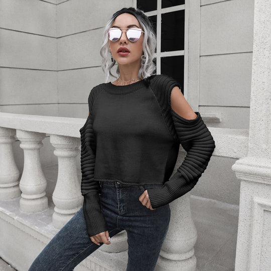 Damen Cropped Pullover mit offener Schulter und Rippstrickmuster R&B