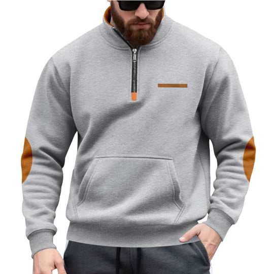 Herren nan Halbzip-Sweatpullover mit Stehkragen, Kängurutasche und Ellenbogenbesatz R&B