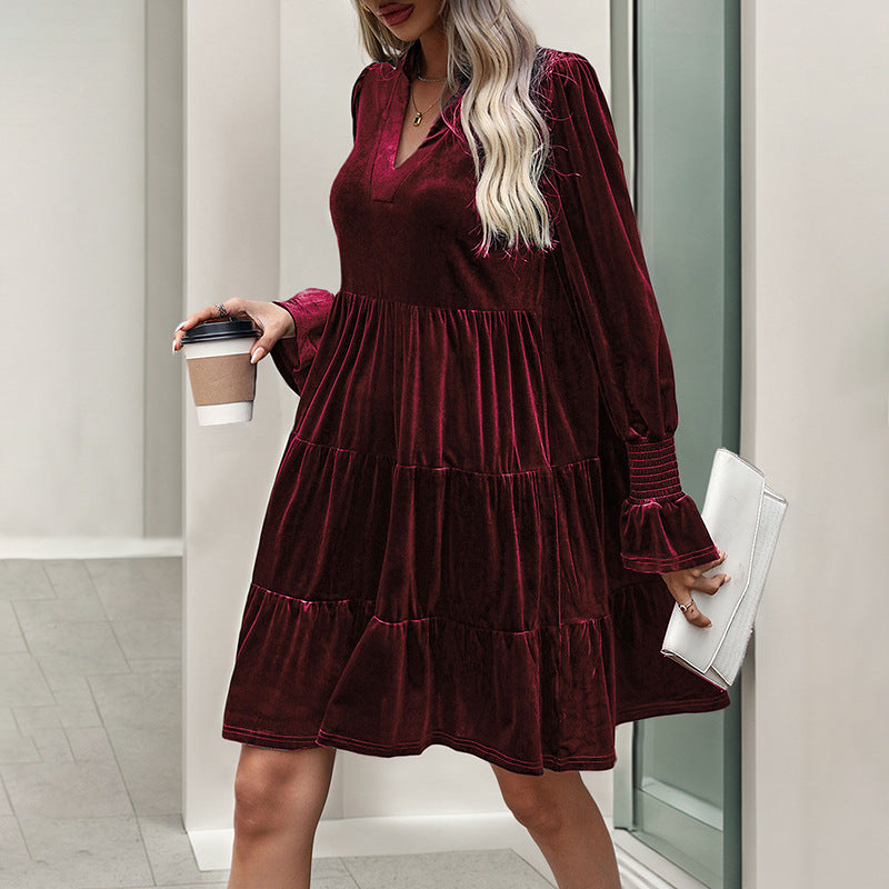 Damen V-Ausschnitt Mini-Kleid mit voluminösen Ärmeln und Rüschendesign R&B