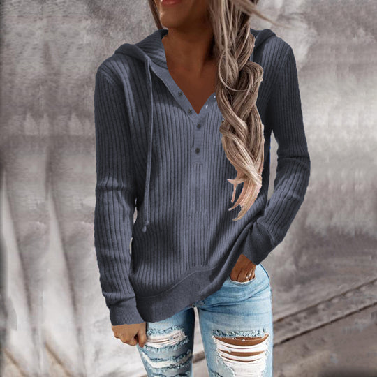 Damen Kapuzenpullover im modischen Rippdesign mit Knopfleiste R&B