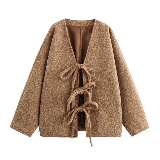 Damen Oversized Wolljacke mit dekorativen Schleifendetails R&B