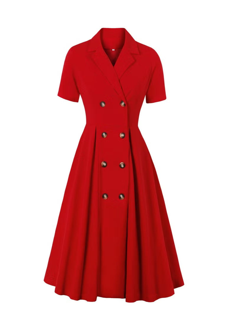 Damen elegantes Midikleid mit doppelter Knopfleiste und schwingendem Rock R&B