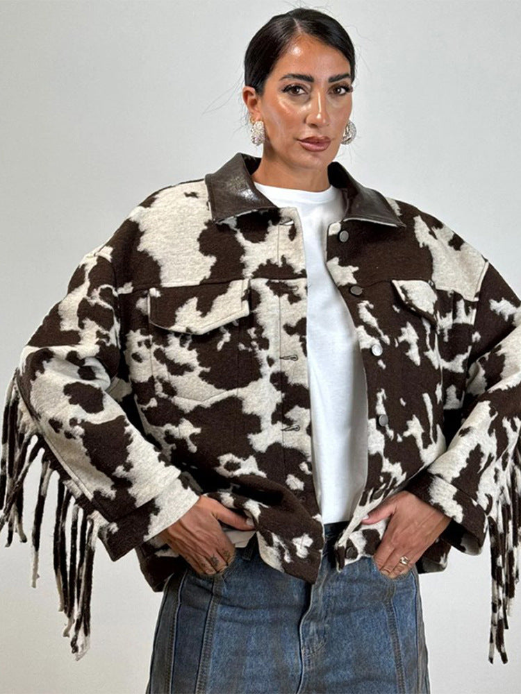 Damen Oversized Fransenjacke mit Kuhmuster R&B