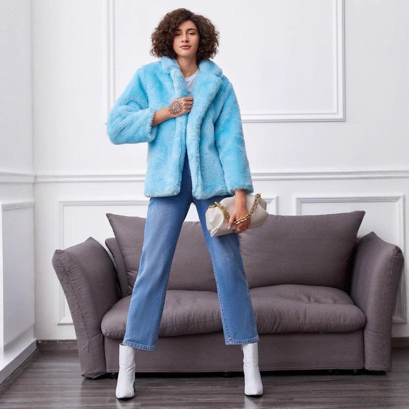 Damen Fluffige Kunstpelzjacke mit großzügigem Kragen und bequemen Ärmeln R&B