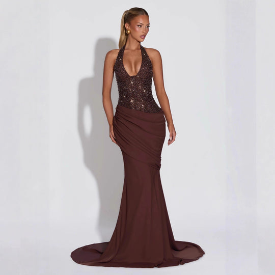 Damen Glamouröses Abendkleid mit tiefem V-Ausschnitt und dekorativen Pailletten R&B
