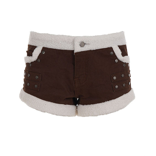 Damen Zarte Biker-Shorts mit Fleece-Besatz und Metallnieten R&B