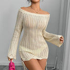 Damen Strickkleid im modernen Off-Shoulder Design mit weiten Ärmeln und Raffungen R&B