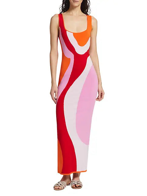 Damen langes figurbetontes Kleid mit quadratischem Ausschnitt und farbenfrohem Muster R&B