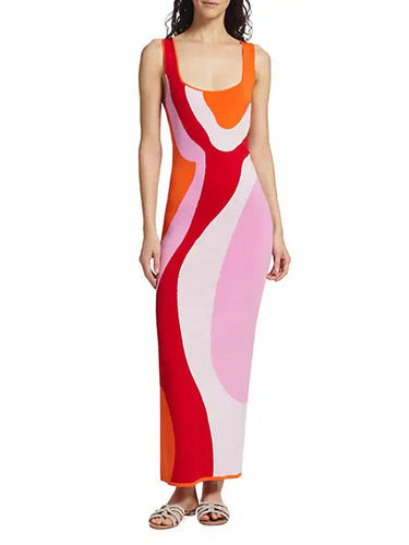 Damen langes figurbetontes Kleid mit quadratischem Ausschnitt und farbenfrohem Muster R&B