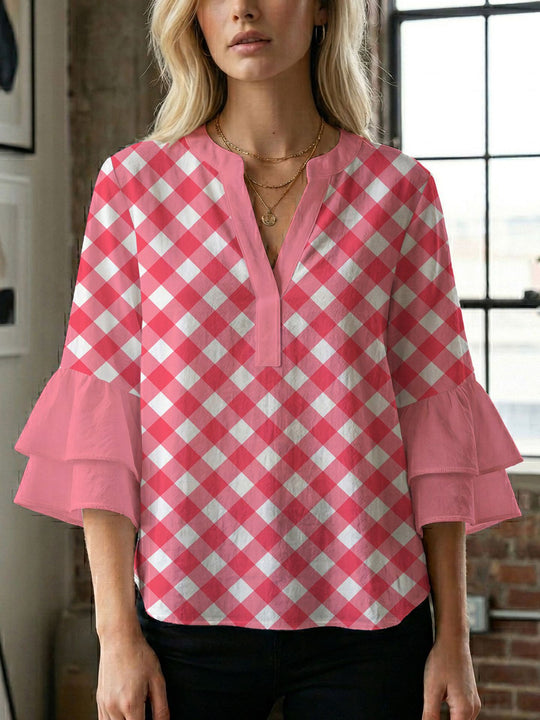 Damen Blusenshirt mit voluminösen Ärmeln und kreativem Druckdesign R&B