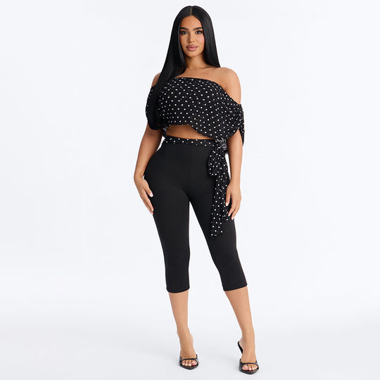 Damen Crop-Top und Leggings Set mit Polka-Dots und Raffungen R&B