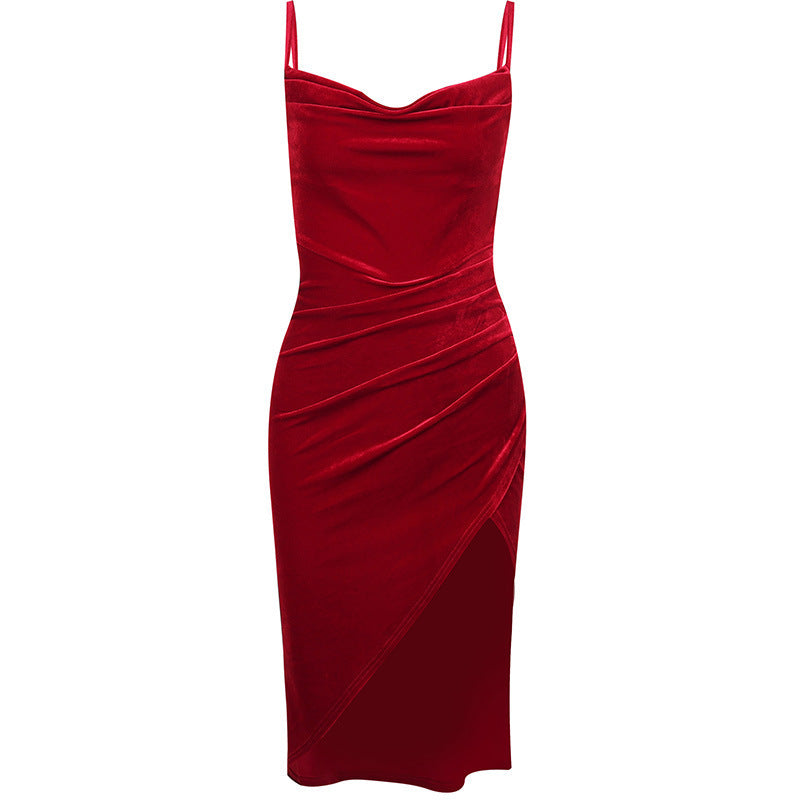 Damen elegantes Wickelkleid mit hohem Schlitz und schmalen Trägern R&B