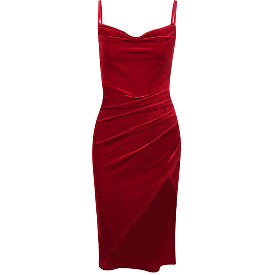 Damen elegantes Wickelkleid mit hohem Schlitz und schmalen Trägern R&B