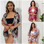 Damen elegantes Strandoutfit mit floralem Überwurf und passendem Bikini R&B