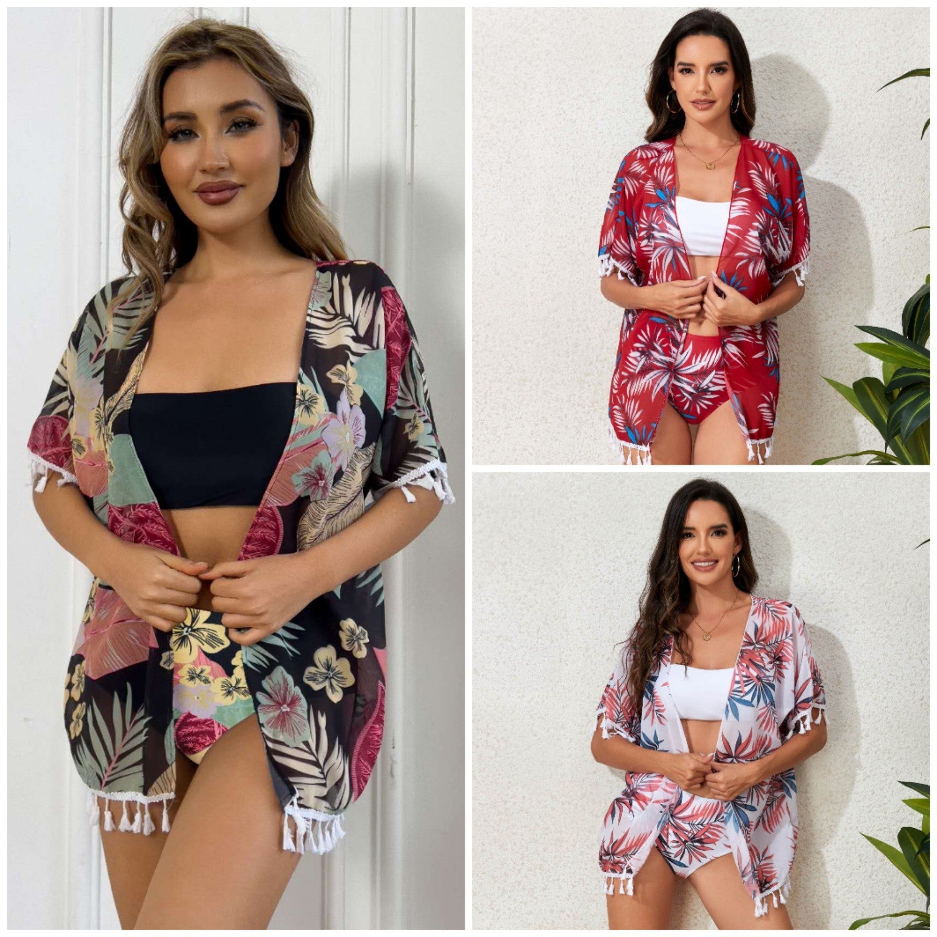 Damen elegantes Strandoutfit mit floralem Überwurf und passendem Bikini R&B