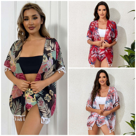 Damen elegantes Strandoutfit mit floralem Überwurf und passendem Bikini R&B