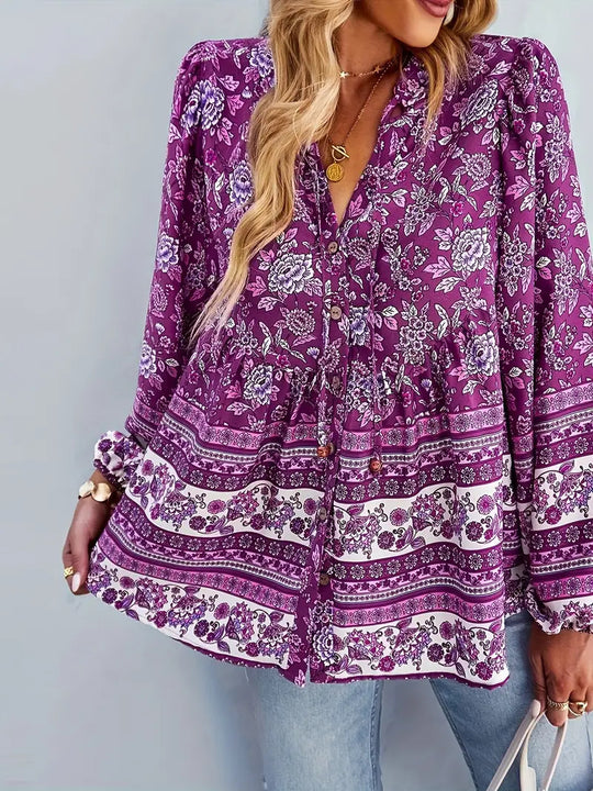 Damen Blusentop mit buntem Blumenmuster und Volantärmeln R&B