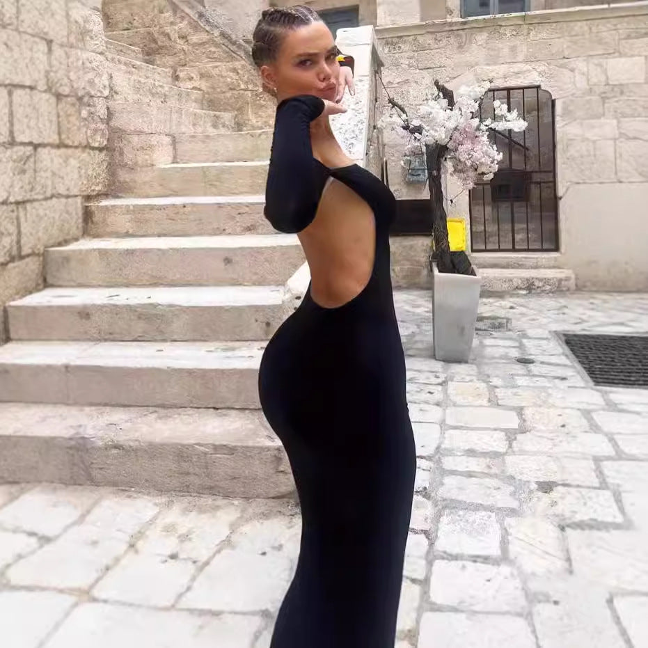 Damen Elegantes langes Kleid mit schulterfreiem Design und langen Ärmeln R&B