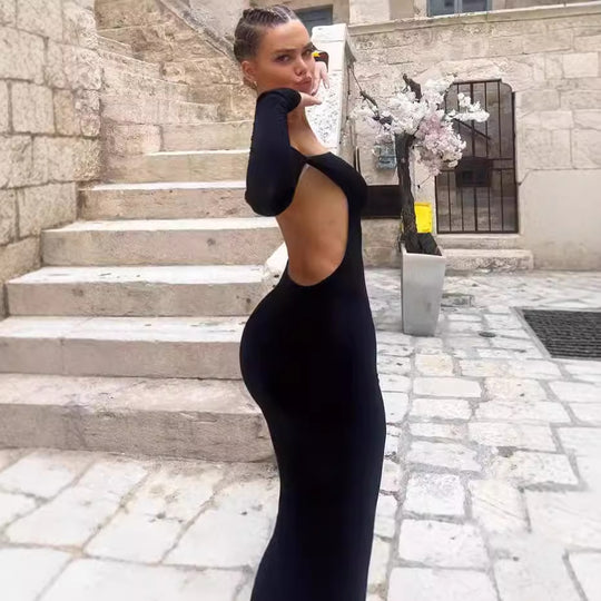 Damen Elegantes langes Kleid mit schulterfreiem Design und langen Ärmeln R&B