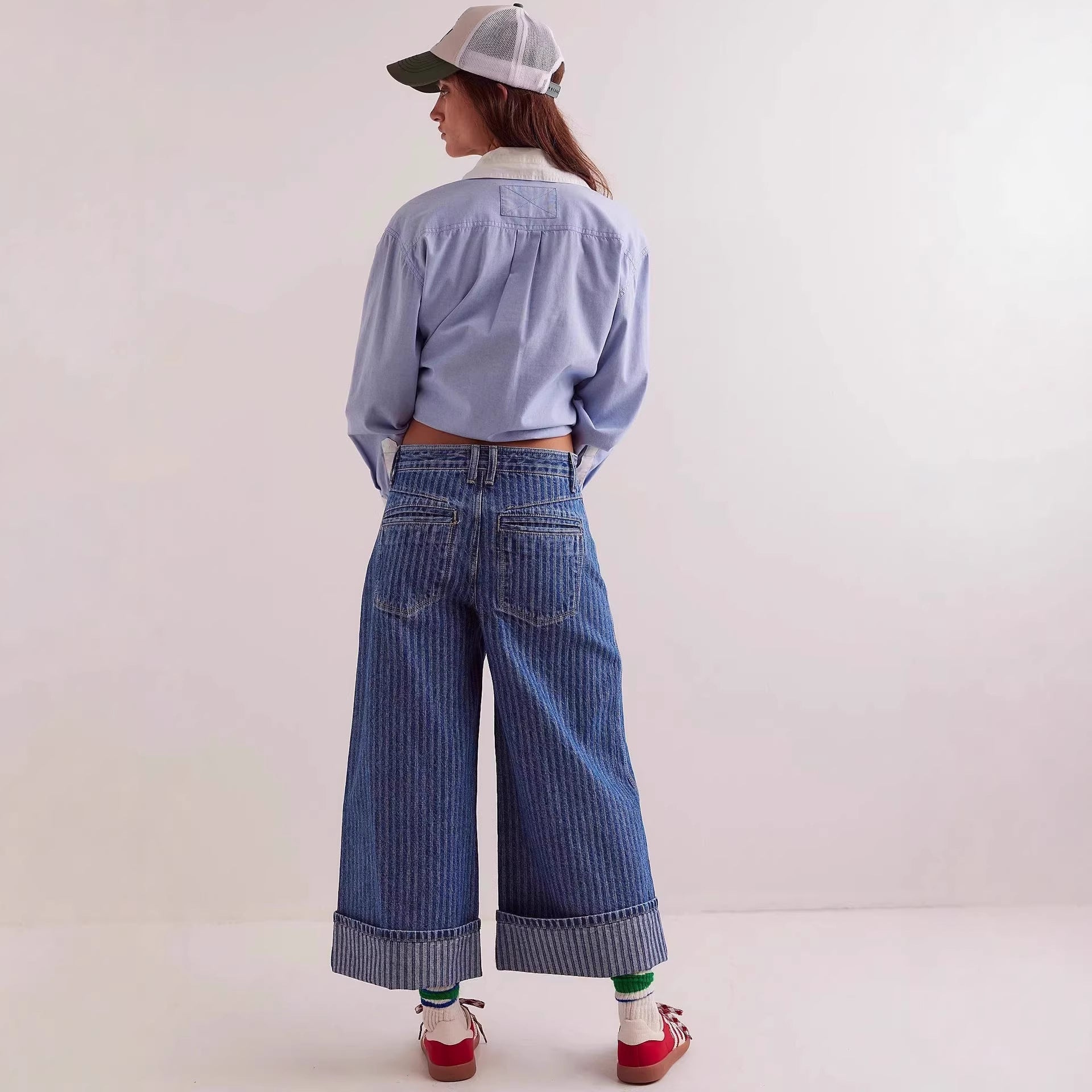 Damen Weite Jeans mit modischer Streifenbordüre