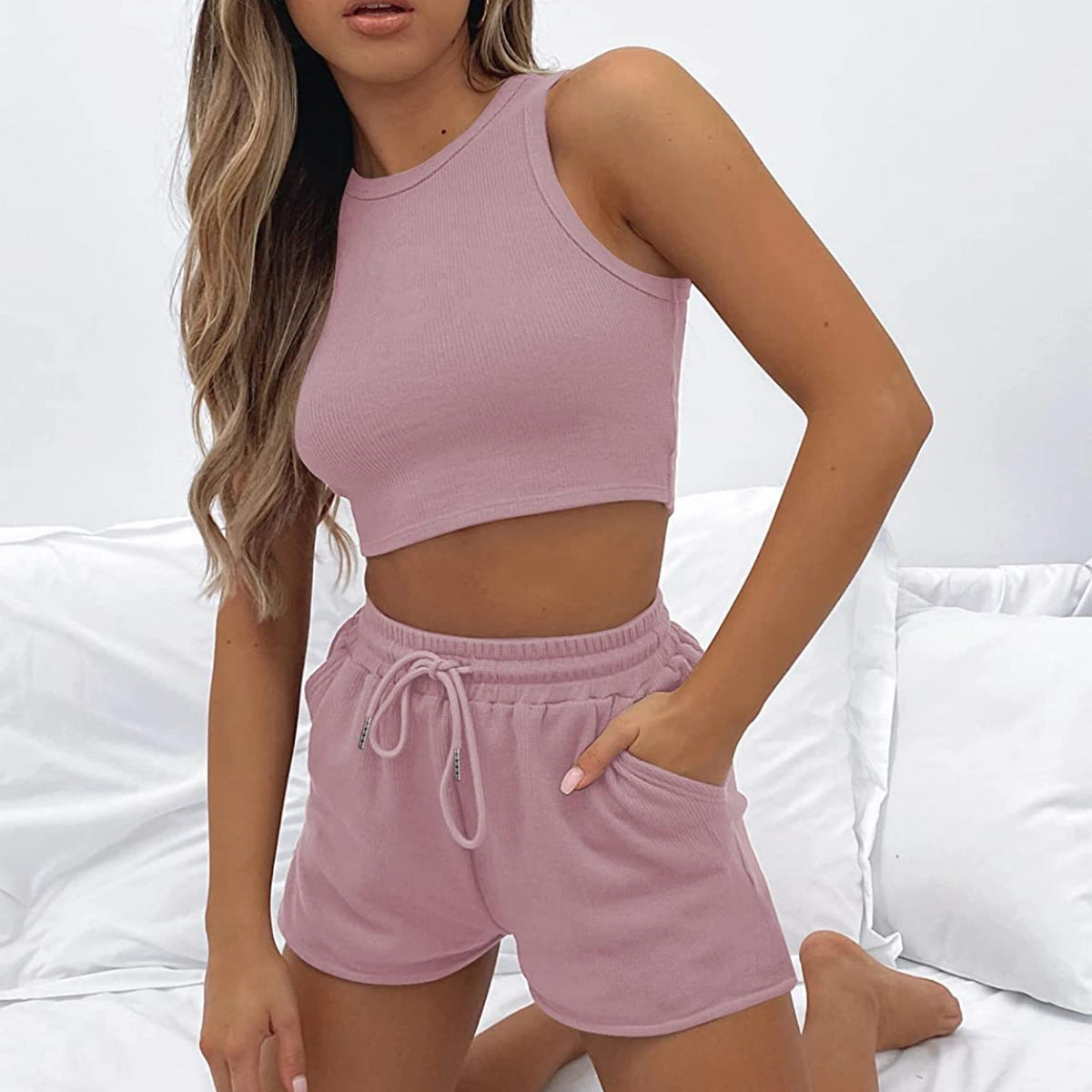 Damen sportliches Zweiteiliges Kurz-Outfit mit Rippstruktur R&B