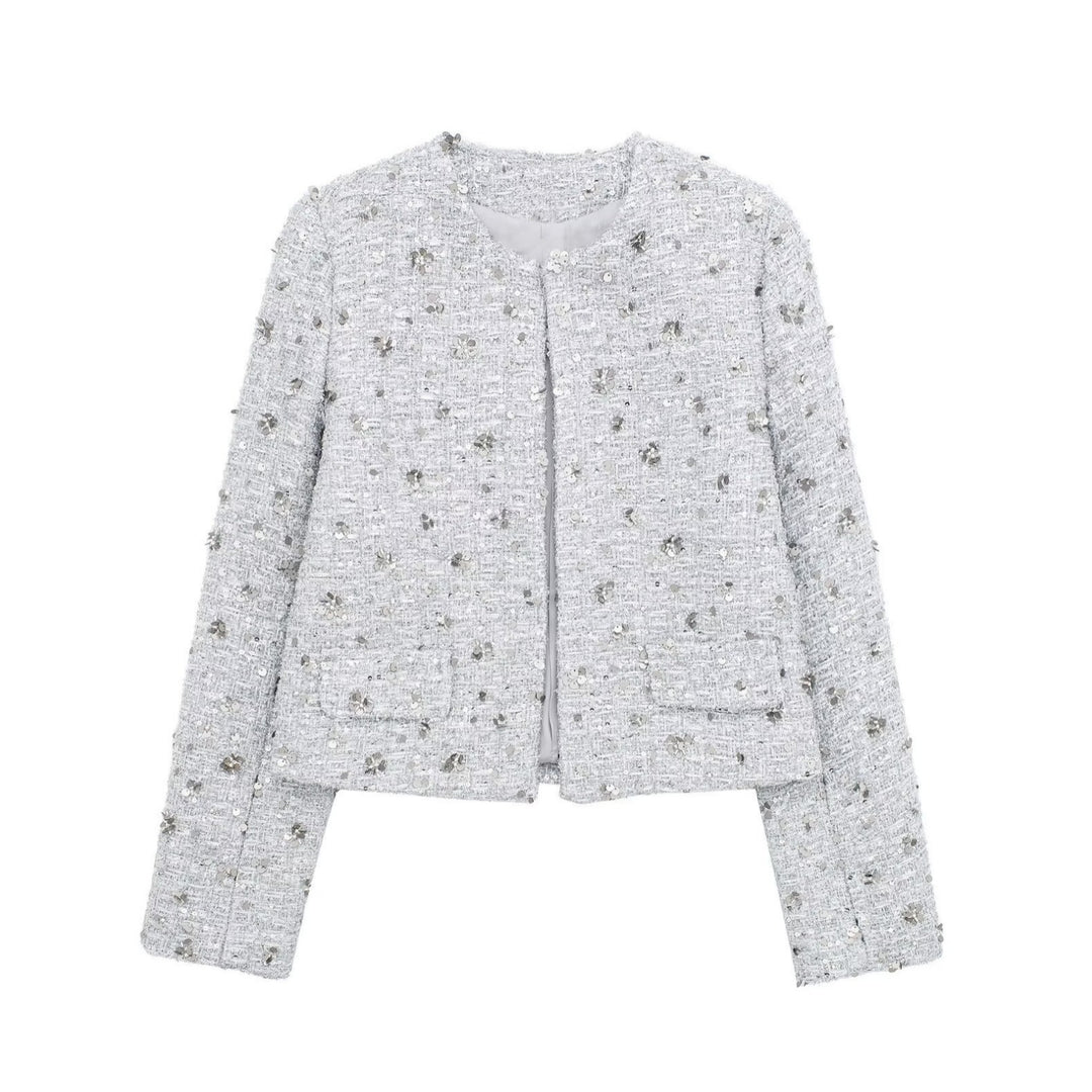 Damen elegante Tweedjacke mit funkelnden Pailletten und strukturiertem Design R&B