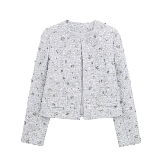 Damen elegante Tweedjacke mit funkelnden Pailletten und strukturiertem Design R&B