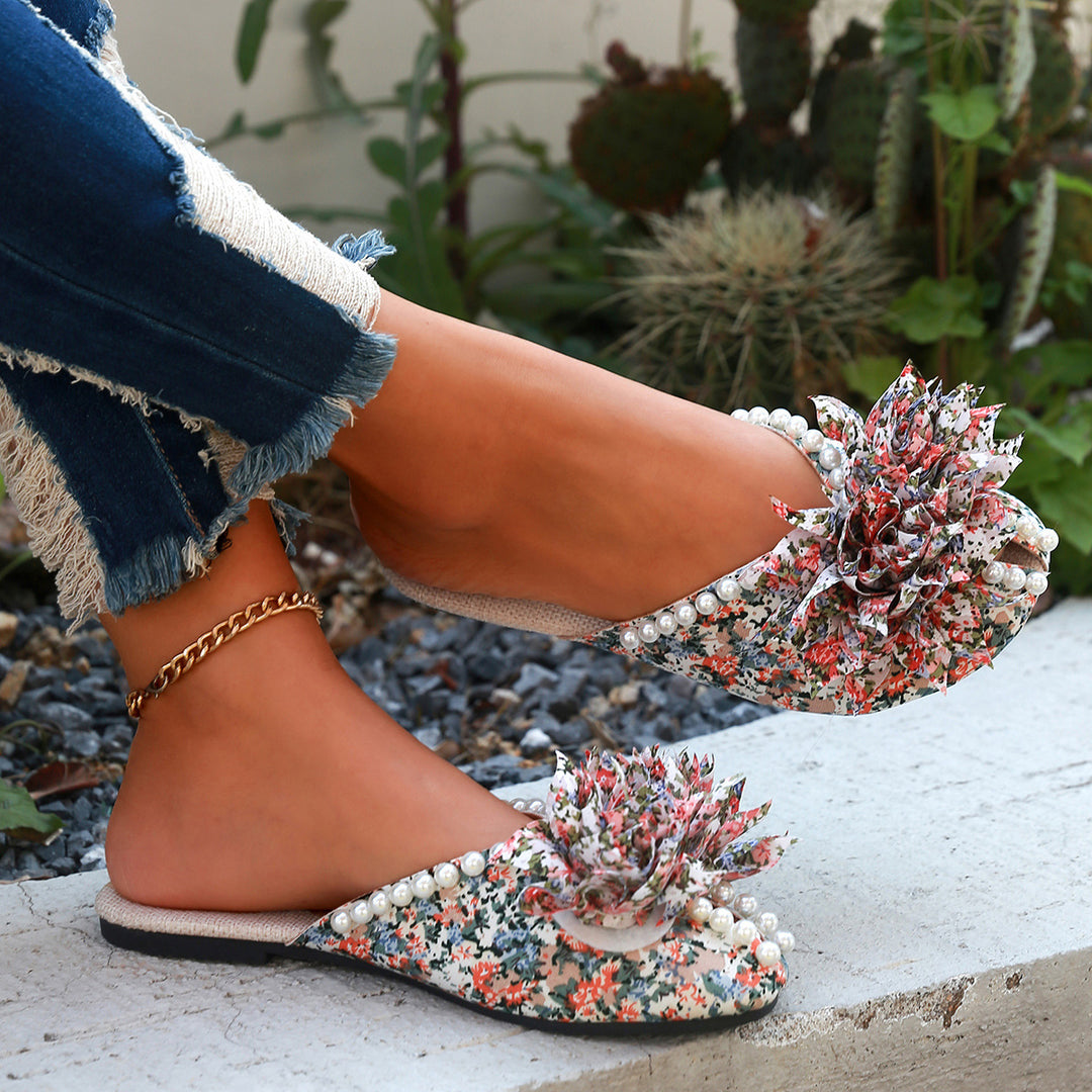 Damen Pantoletten mit floralem Design und eleganten Perlen R&B